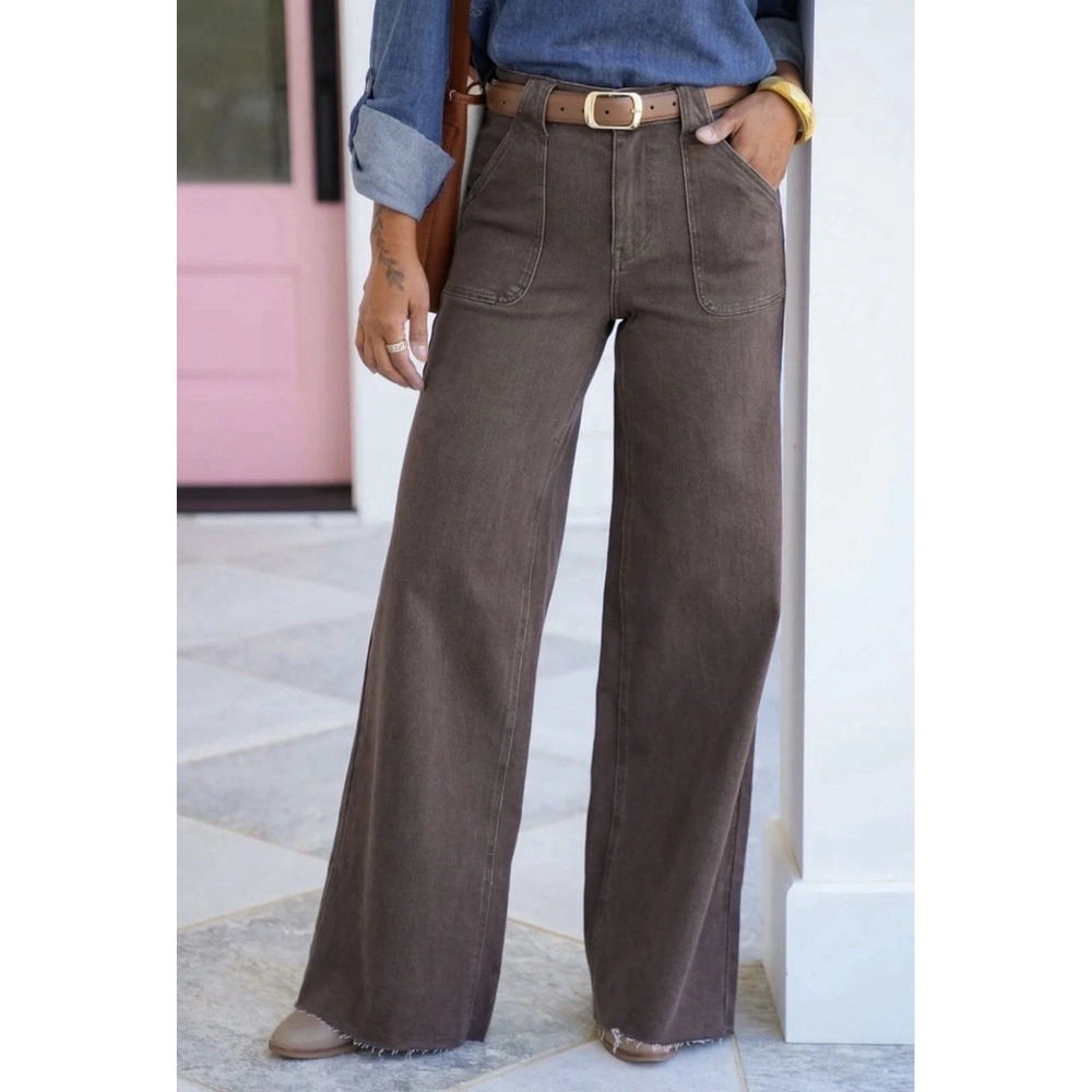 NWT Judy Blue Women High‎ Rise Brown Retro Wide Leg Jeans Front Patch Pocket 16W